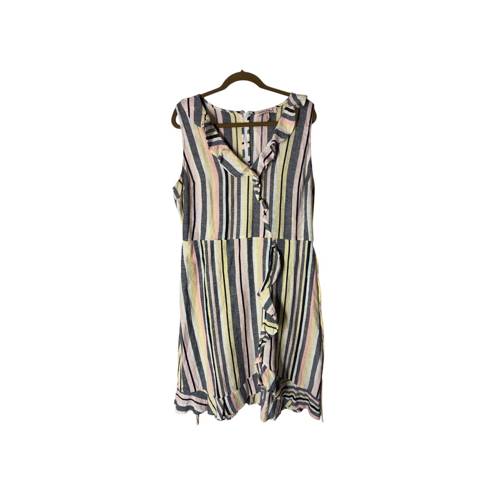Harlow & Rose Striped Ruffle‎ Wrap Midi Dress XL Sleeveless Belted Linen Blend